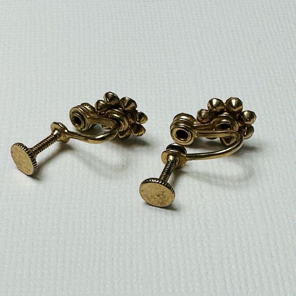 Vintage Blue Rhinestone Floral Earrings Gold Tone Mid Century Sparkle Screw Back - Picture 12 of 12